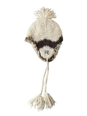 American Eagle Outfitters Cream and Brown Knit Pom Pom Trapper Hat One Size